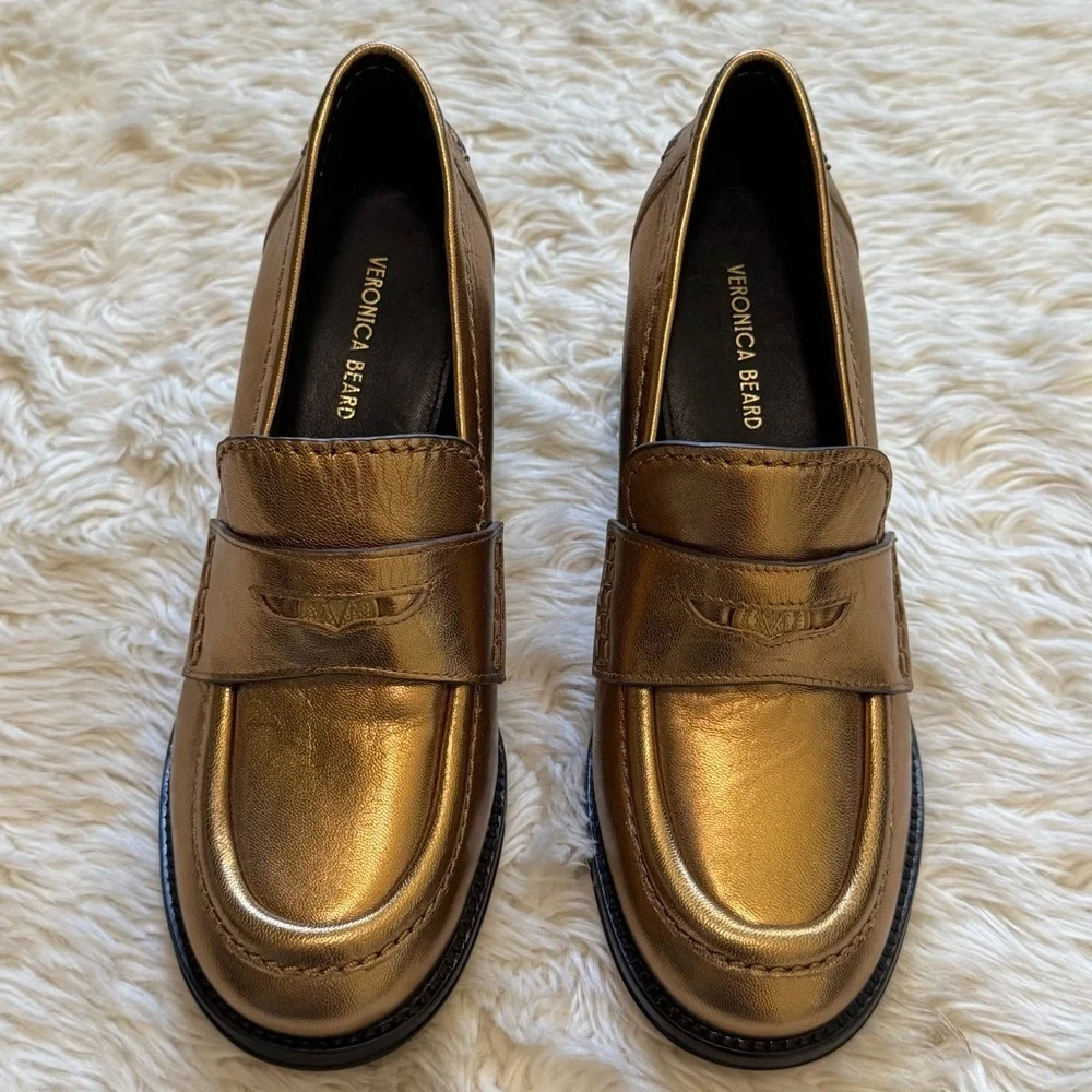 Veronica Beard Penny Block Heel Pump in Dark Gold Leather - Size 6.5 - Picture 2 of 8